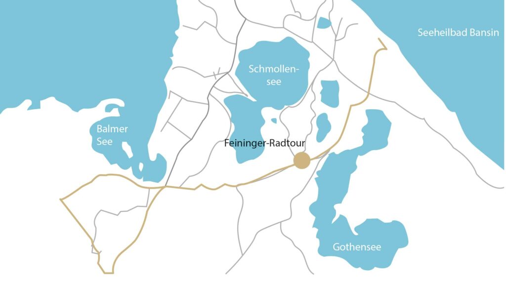 Die Lyonel-Feininger-Tour führt als Teilstrecke von Binz über Sallentin nach Benz, von dort weiter nach Neppermin, Balm und endet in Mellenthin.