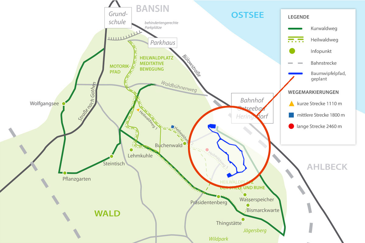 Die Karte zeigt das Spazierwegenetz im Kur- und Heilwald Heringsdorf, der sich westlich bis Bansin und östlich bis Ahlbeck erstreckt.