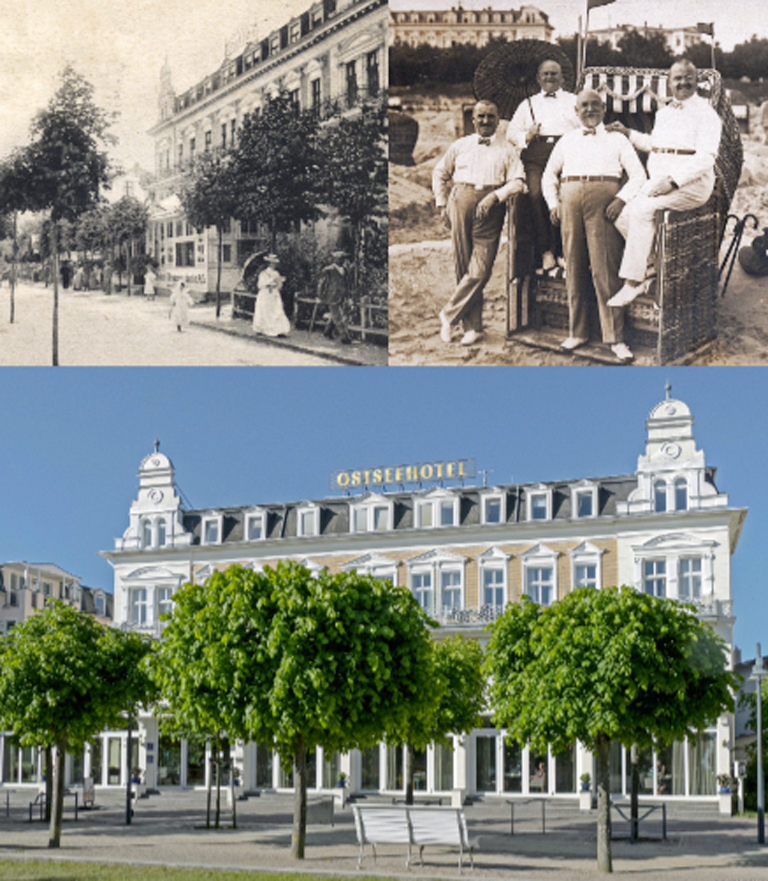 Mit dem Kauf des Ostseehotels im Jahr 1992 war der Grundstein für die SEETELHOTELS auf Usedom gelegt. Bereits 1902 (Foto oben) gehörte das Hotel zum Urlaubsort der feinen Gesellschaft.
